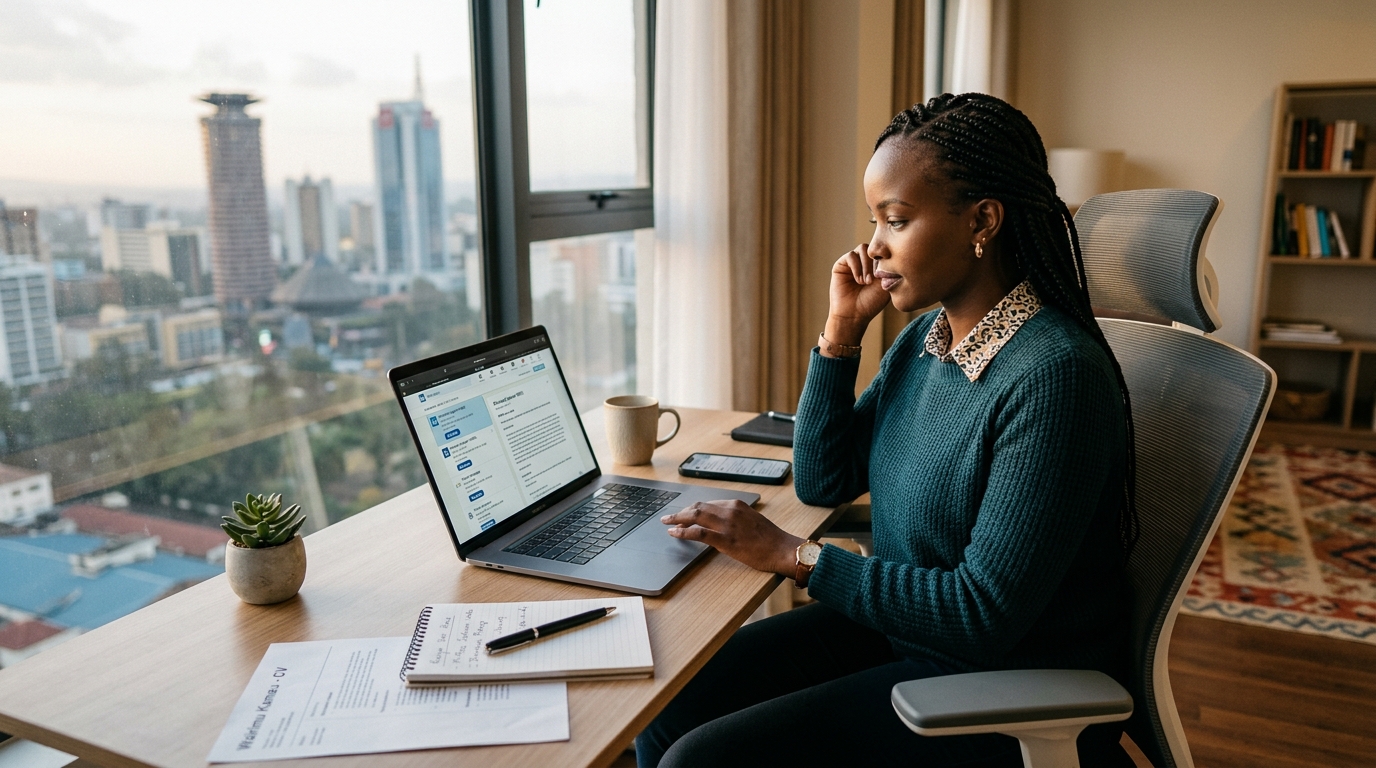 A job seeker reviewing applications and her CV on a laptop at a desk.