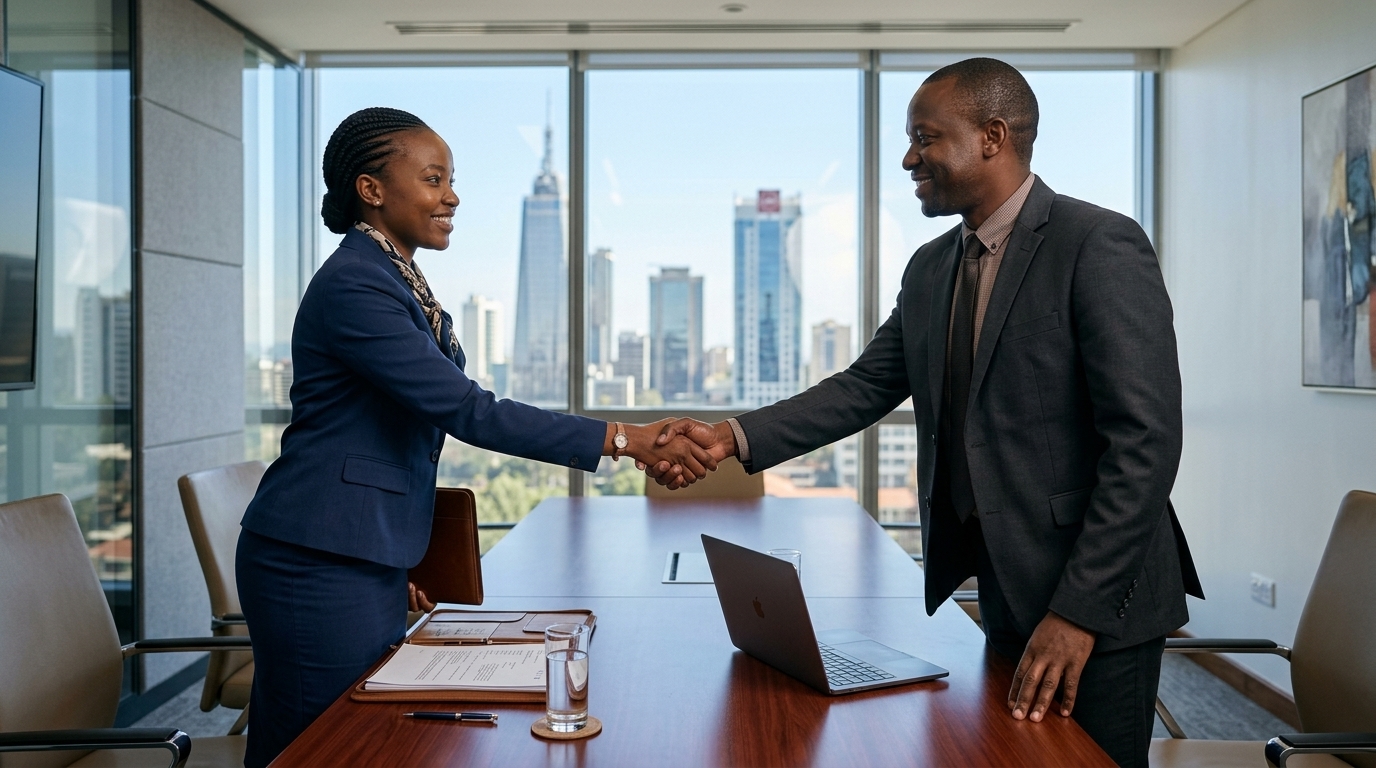 A candidate and interviewer shaking hands across an office desk.