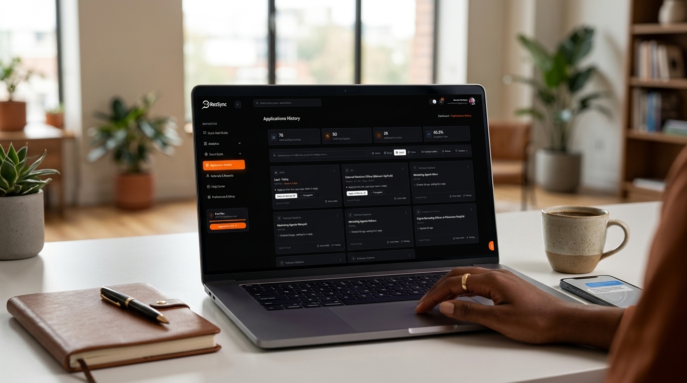 A laptop displaying a RezSync-style job application tracking dashboard.